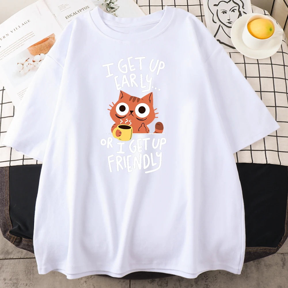 

Drink Coffee Morning Cat Men's T-shirt Cotton Cartoon Printing High-quality Women's Short-sleeved Retro Casual Fashion Harajuku