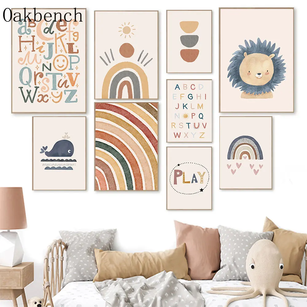 Алфавит в стиле бохо холст плакат Кит искусство печатные картины солнце радуга