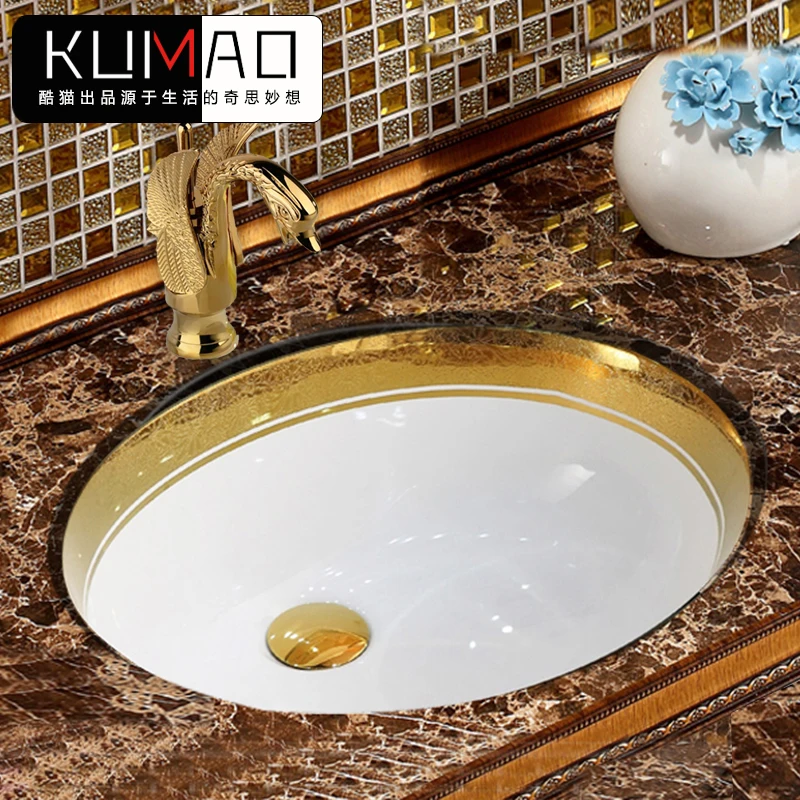 

European-Style Gold Drop-in Sink round Ceramic Basin Embedded Washbasin Small Size Bathroom Basin