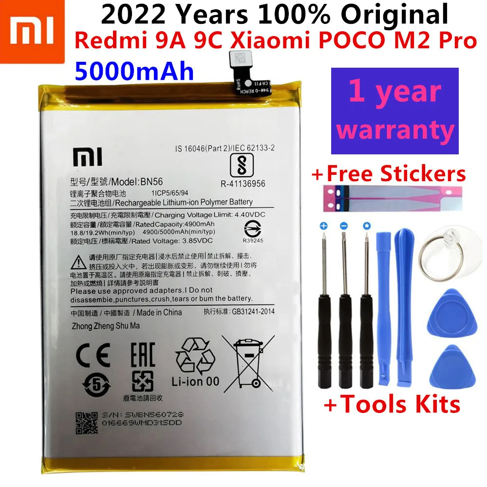 

100% Original Replacement Battery BN56 5000mAh For Xiaomi POCO M2 Pro Redmi 9A 9C Genuine Phone Batteries Free Tools