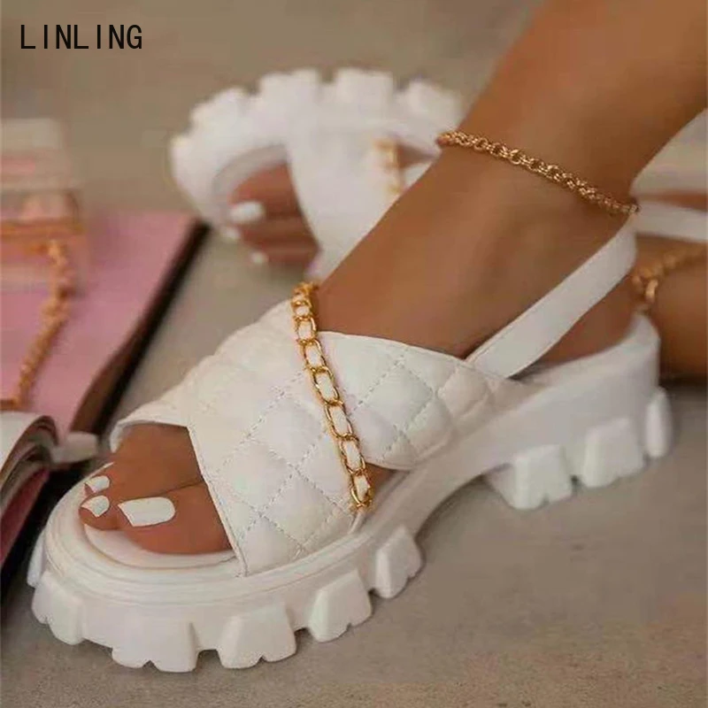 

Женские сандалии на цепочке, удобные Босоножки с открытым носком, на плоской подошве, большие размеры, лето 2022