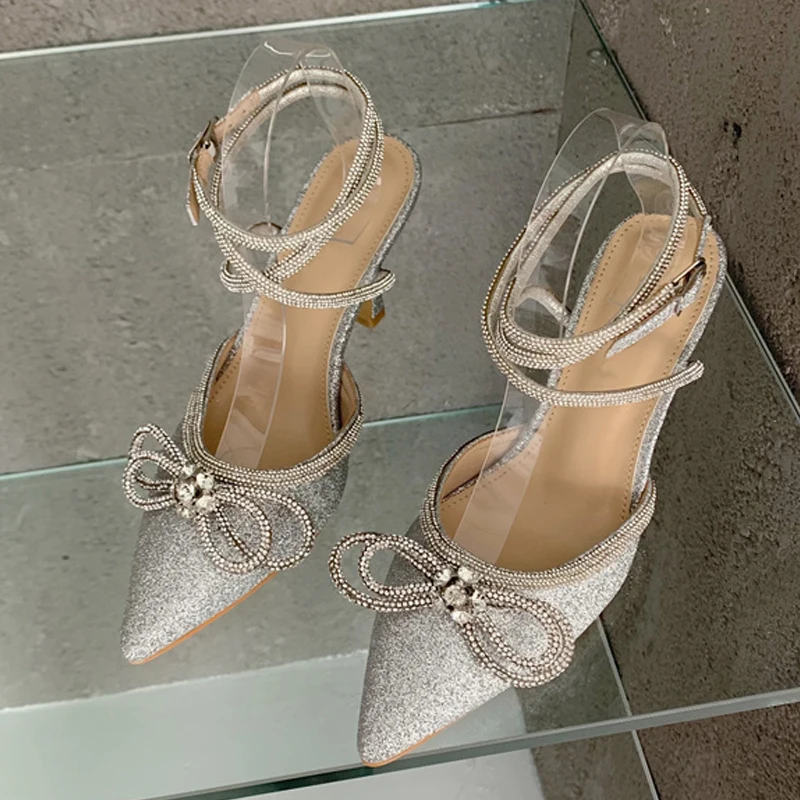 

Женские блестящие туфли-лодочки Liyke, тканевые туфли-лодочки с бантом и блестками, с острым носком, для верховой езды, на высоком каблуке, обувь для выпускного вечера