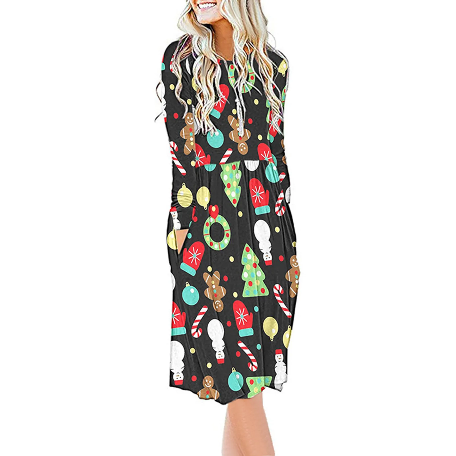 

Christmas Dress For Women Round Neck Long Sleeve Printed With Pockets Casual Loose Swing Dresses with Pockets for Women