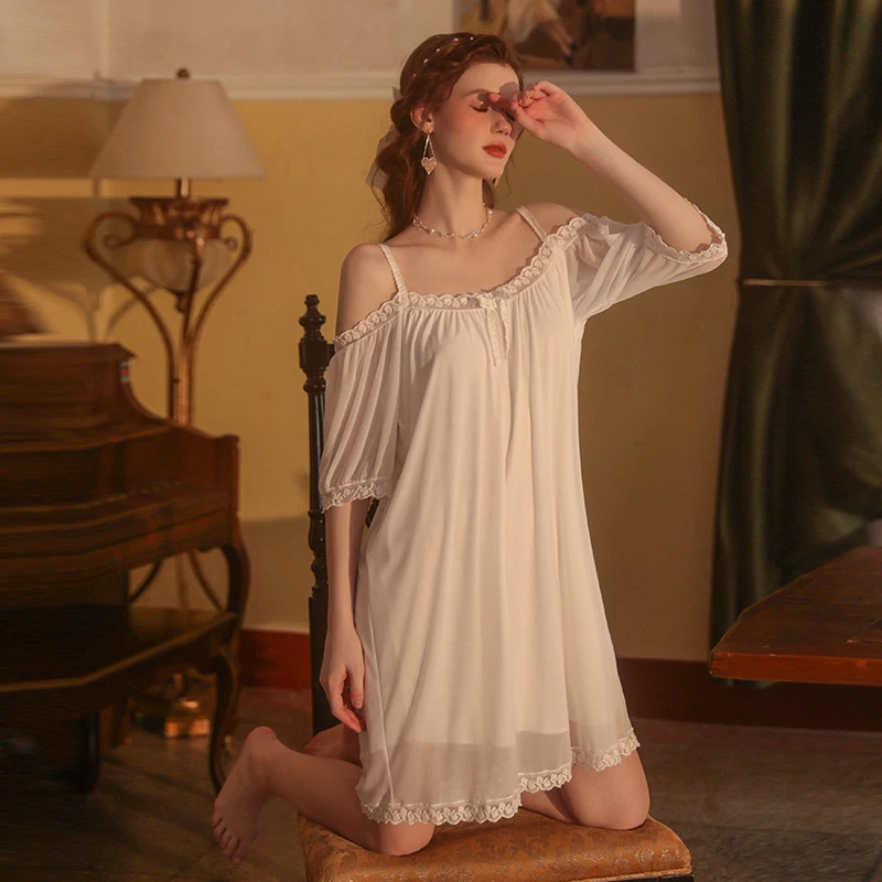 Women's Lolita Dress Crew Neck Princess Sleepshirts Vintage Ruffle Loose Nightgowns Underwear Cute Nightdress Lounge Sleepwear