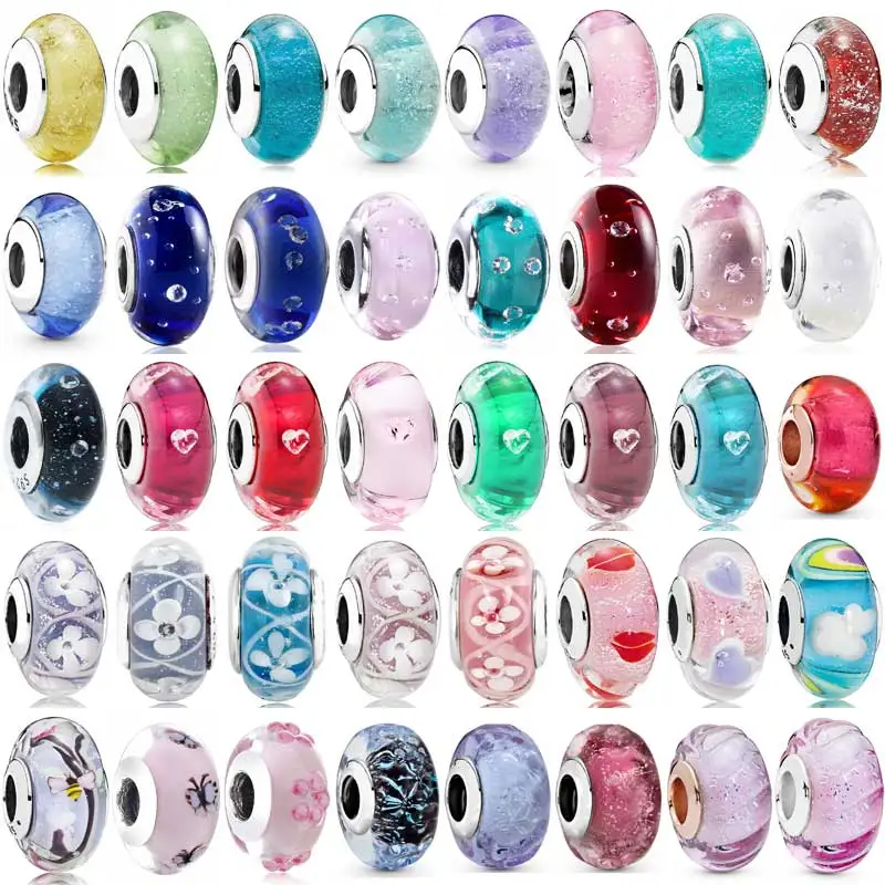 

925 Sterling Silver Charm Shimmering Radiant Effervesence Heart Wavy Fancy Murano Glass Bead Fit Popular Bracelet DIY Jewelry