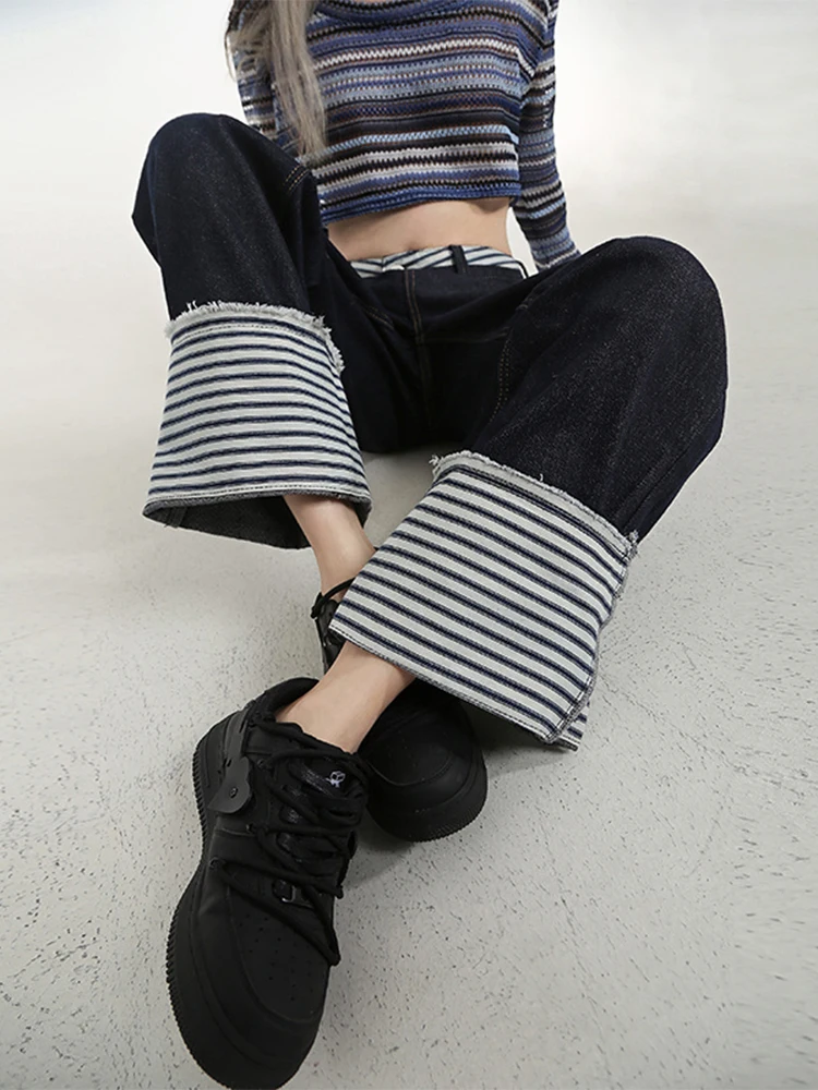 

Классические Полосатые женские брюки в стиле пэчворк, женские прямые широкие джинсовые брюки с завышенной талией, уличная одежда в стиле хип-поп