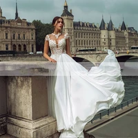 elegant wedding dress chiffon sashes exquisite appliques short sleeve o neck buttons prom gown vestido de novia for women