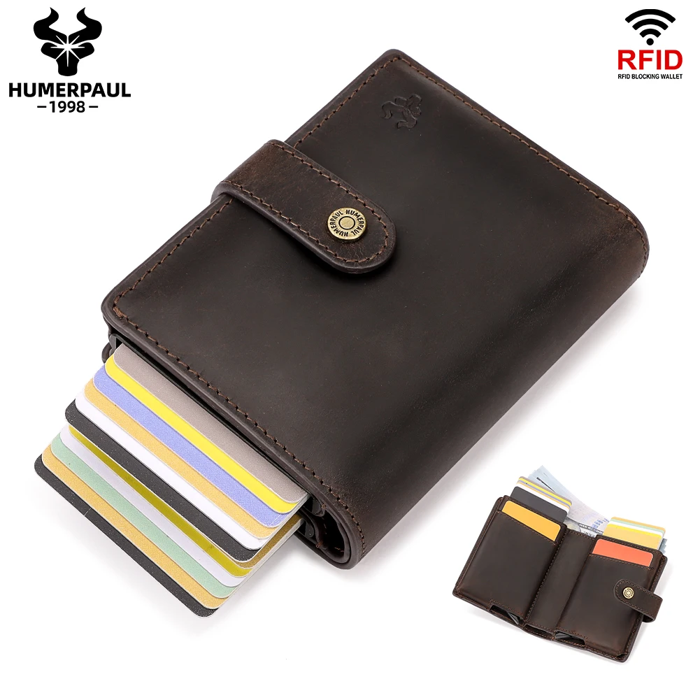 

RFID Double Credit Card Holder Case Crazy Horse Leather Automatic Push Smart Wallet for Cards and Coins Security Aluminum Purse