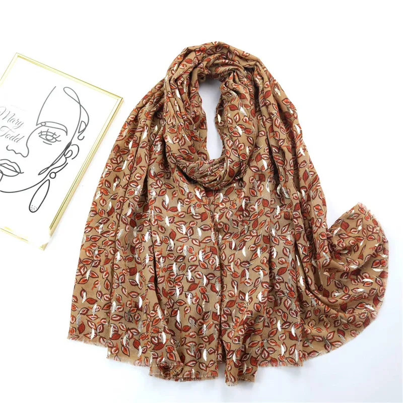 

Autumn Women Viscose Scarf Retro Gold Leaves Tassel Cotton Hijab Shawls and Wraps Foulard Echarpe Bufandas Muslim Sjaal 180*90Cm