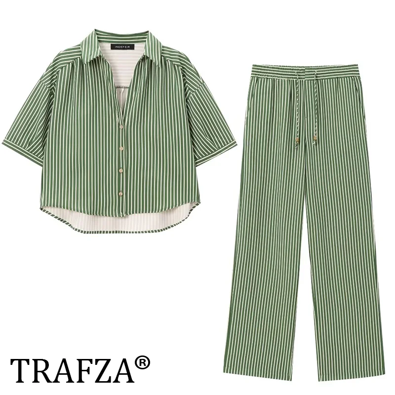TRAFZA 2024 женский комплект из 2 предметов в полоску с короткими рукавами и лацканами