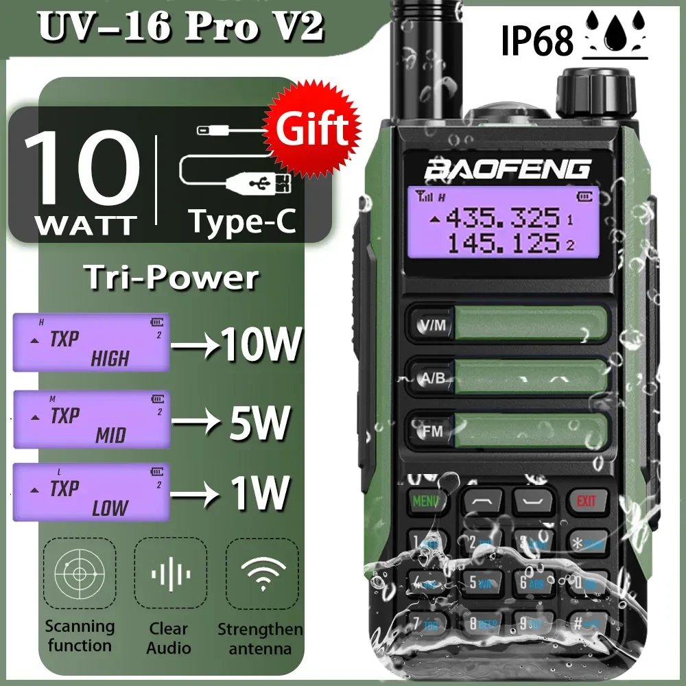 

2022 Baofeng UV-16 PRO V2 профессиональная 10 Вт Улучшенная искусственная рация IP68 Водонепроницаемая Двухдиапазонная любительская радиостанция дальнего действия