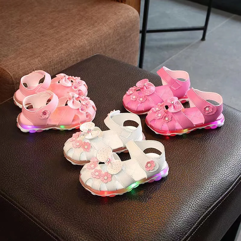 Congme Summer Girls Sandals Baby Kids Floral LED Shoes Soft Breathable Cute Bow Sandals First Walker 1-3 Yrs