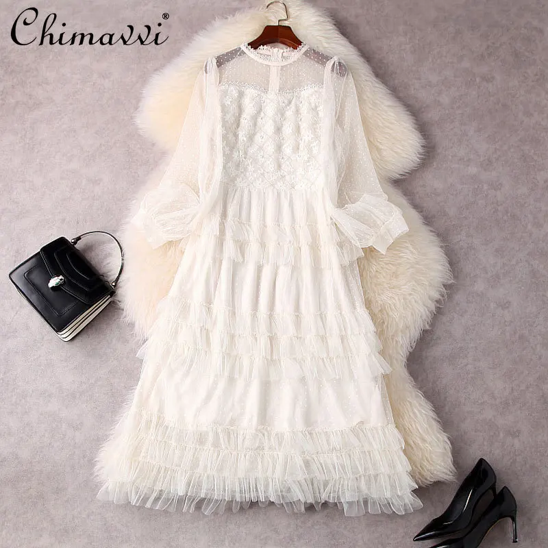 

2022 Spring Fashion French Polka Dot Lantern Sleeve Waist Trimming Midi Cake Dress Temperament Mesh High-End Dress Women