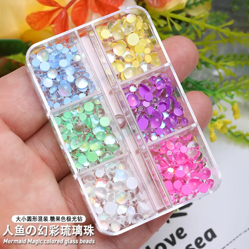 

6 Grids Mixed Symphony Mermaid Round Glass Crystal Beads AB 3D Nail Art Rhinestones DIY Flatback Acrylic Stones Decorations New