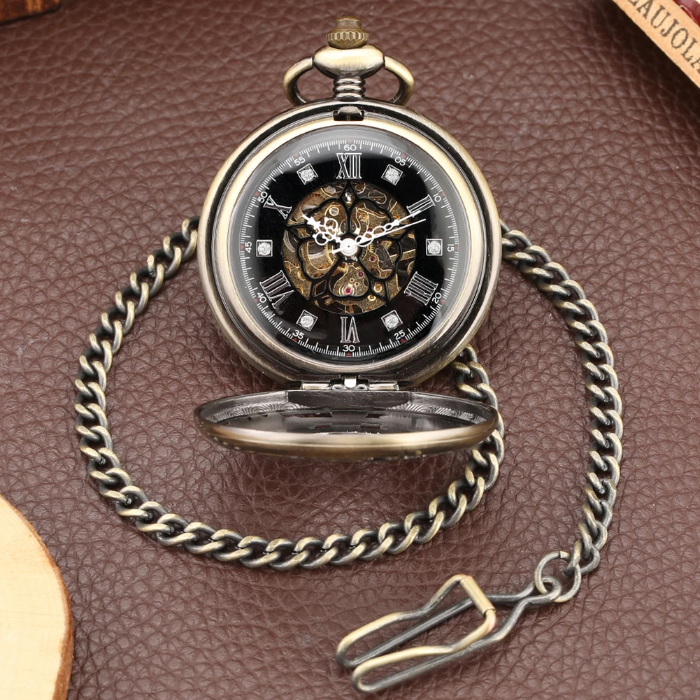 Manual Mechanical Pocket Watch Punk Bronze Gear Skeleton Luxury Vintage Antique Hand Winding Pocket Timepiece Men Gifts