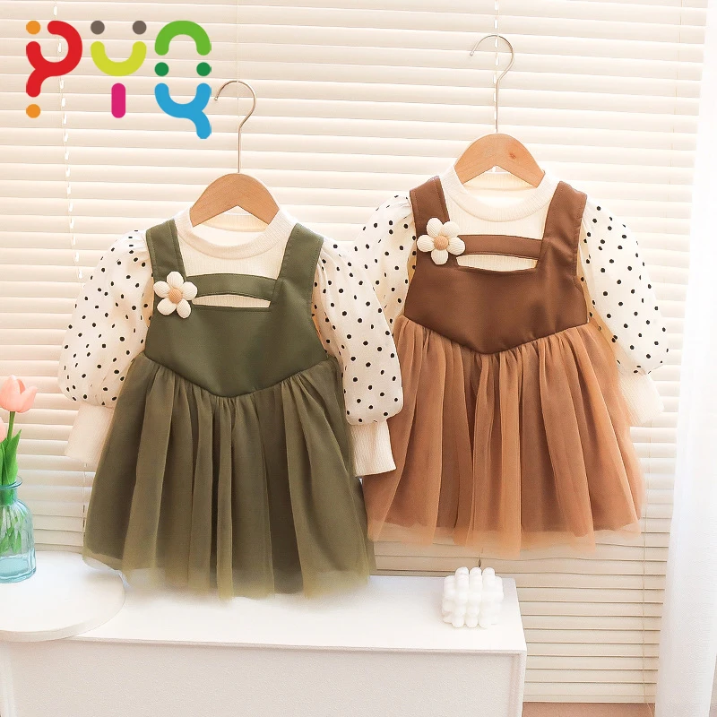 

Baby Dress For Girls Mesh Princess Dress 2023New Long Sleeve Spring Autumn Clothing Kids Fashion Fake 2piece Vest Dress 1-4Years