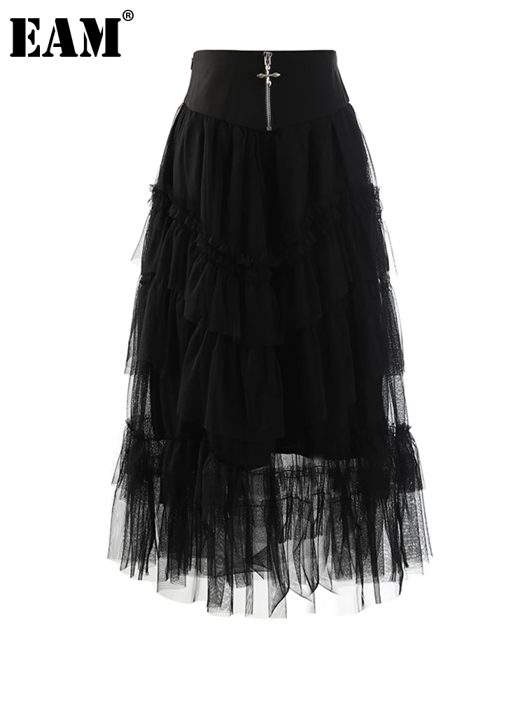 

[EAM] High Waist Black Zipper Layers Mesh Long A-line Holiday Half-body Skirt Women Fashion Tide New Spring Autumn 2022 1DE8908