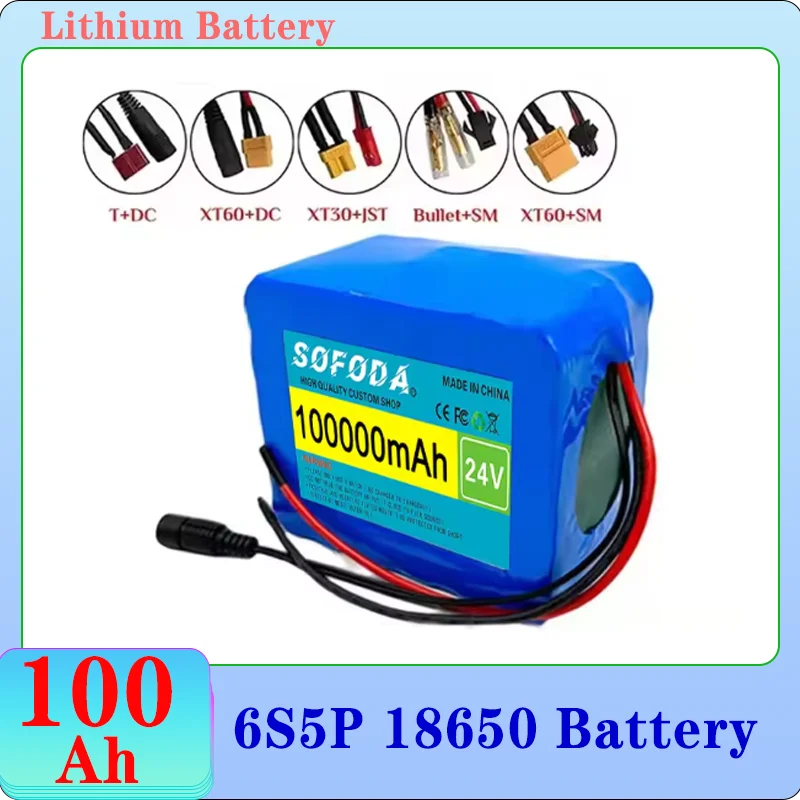 Фото Литиевая аккумуляторная батарея 6s5p 18650, 24В 100000мАч с защитной пластиной BMS, литий-ионный аккумулятор и зарядное устройство 25.2В 2А. №1