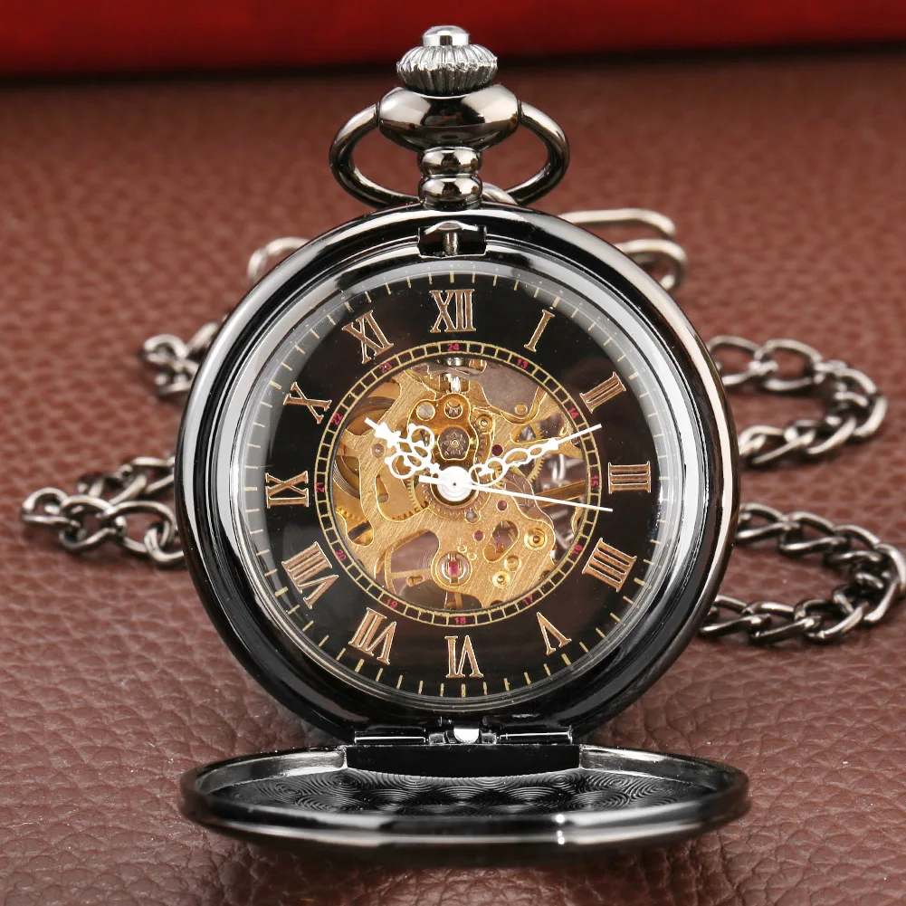 Classic Black Roman Numerals Manual Mechanical Pocket Watch Vintage Hot Hand Winding Pendant Pocket Timepiece Men