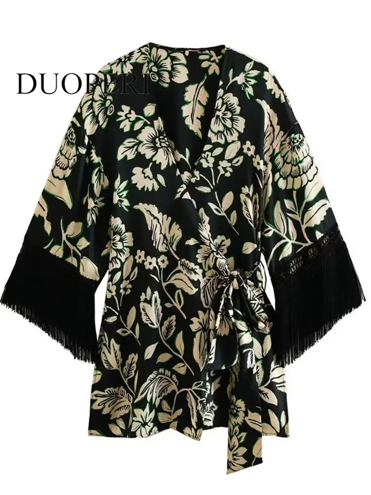 

Модная женская блузка DUOPERI с кисточками и узким принтом, винтажные женские шикарные рубашки с длинными расклешенными рукавами и V-образным вырезом