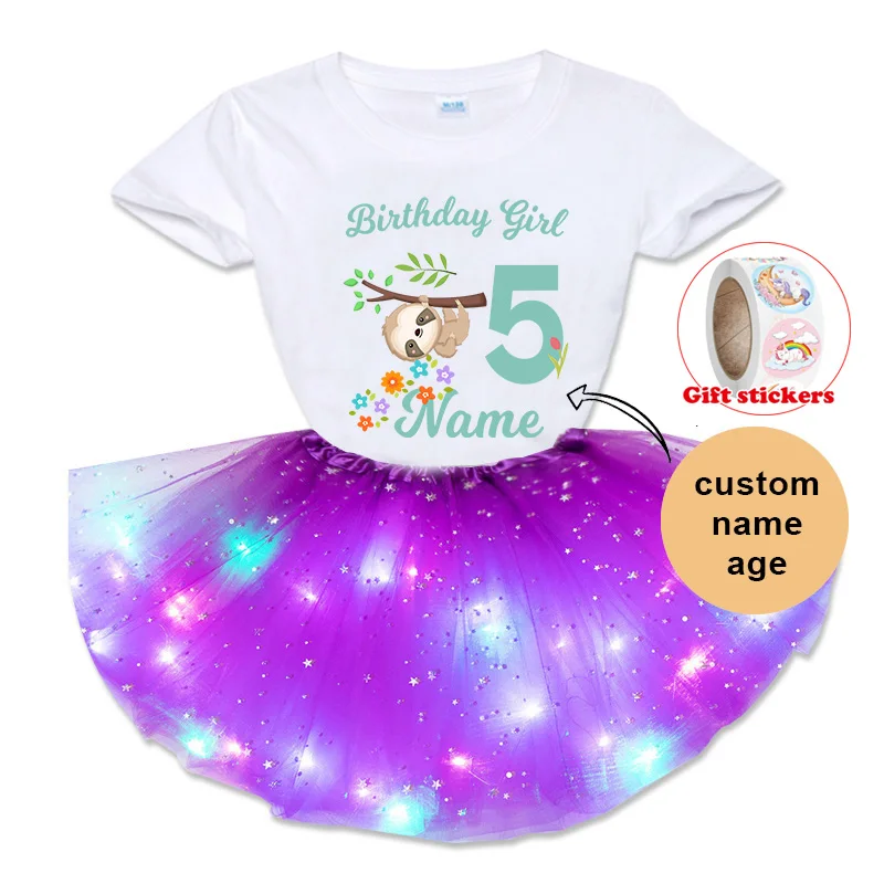 

Girls Dress Set Sloth Cartoon T Shirt 2023 Girl Kids Dress 3PC Kids Short Sleeved T-shirt+Stars Shine Skirt+Children's Stickers
