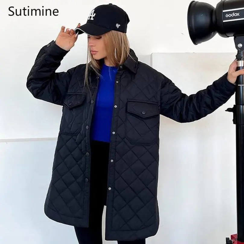 Winter Coat Women Casual Lace-up Wide-waisted Lapel Loose Warm Diamond Heavy Cotton Padded Jacket Pockets Winter Clothes Women