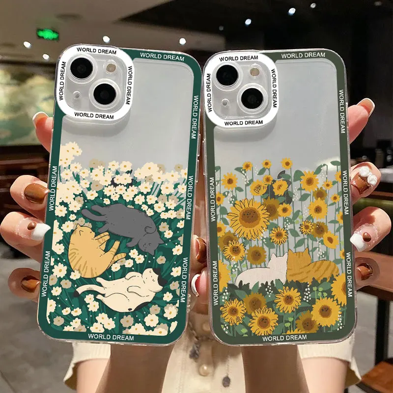 

Fashion Cute flowers Cat Clear Phone Case For iPhone 14 Pro Max 11 12 Pro 13 Pro Max XS XR X 8 7 14 Plus SE2 Transparent Covers