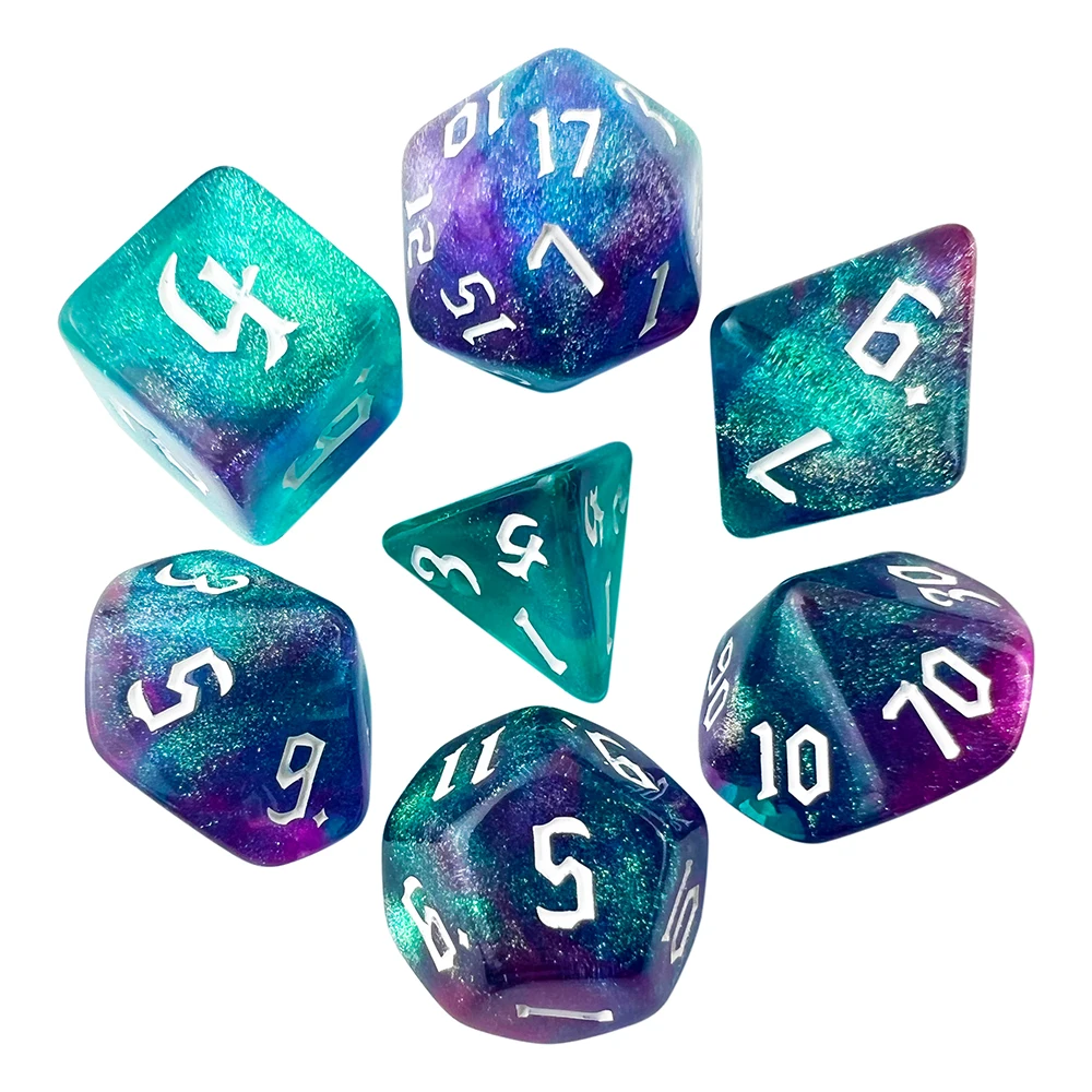 

Новое поступление, многогранные игральные кости TRPG, 7 шт./комплект, D4, D6, D8, D10, D12, D20, разные стороны для настольных игр в различных цветах