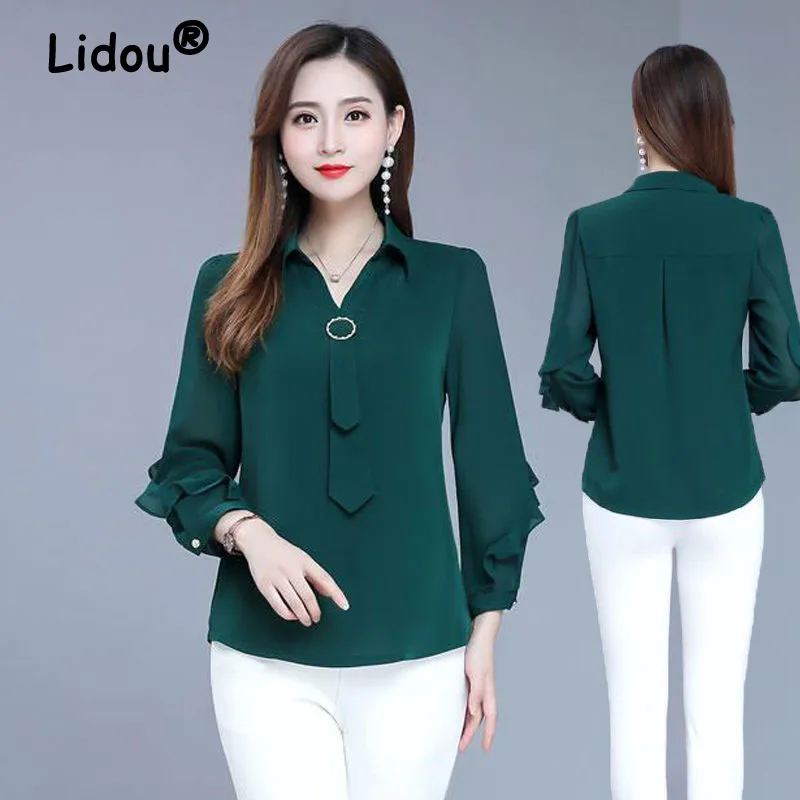 

Elegant Womene Chiffon Blouses Tie V Neck Urban Office Lady Loose Pullovers Spring Autumn Long Sleeves Women's Fashion Shirt