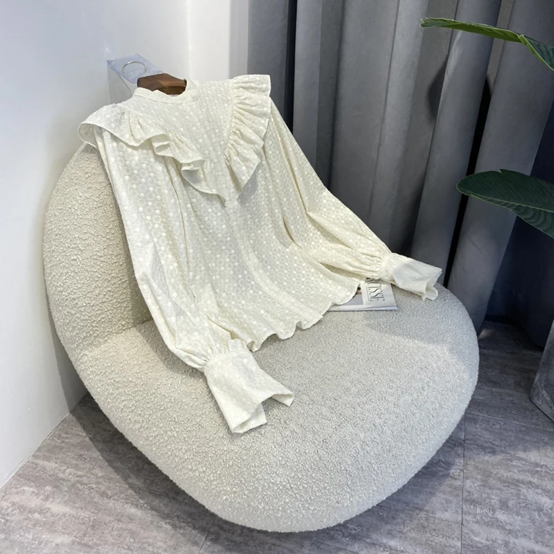 

Женская ажурная Блузка с оборками, бежевая ажурная блузка с длинным рукавом, весна 2022