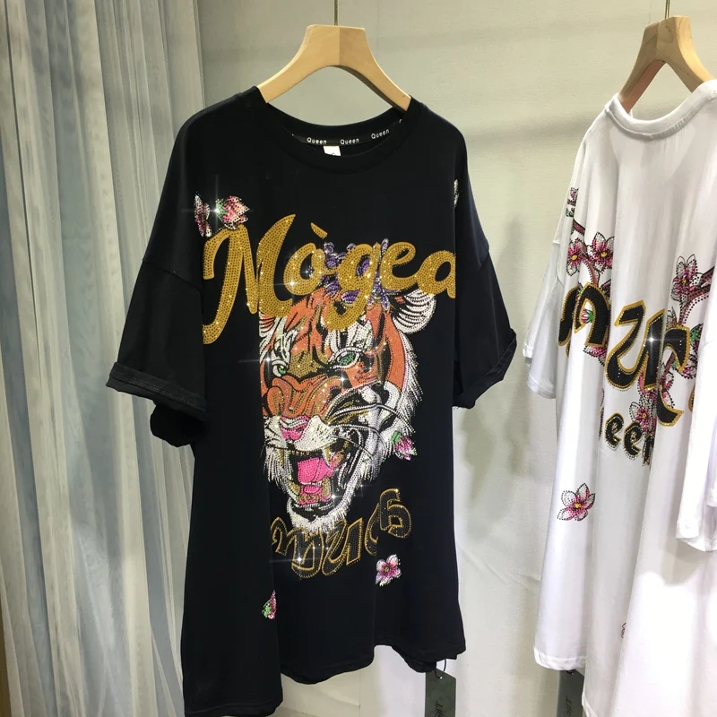 Luxury Blingbling Domineering Tiger Hot Drill Oversize Top Loose Mid-long T-shirt All-match Streetwear Summer Short Sleeve Tees