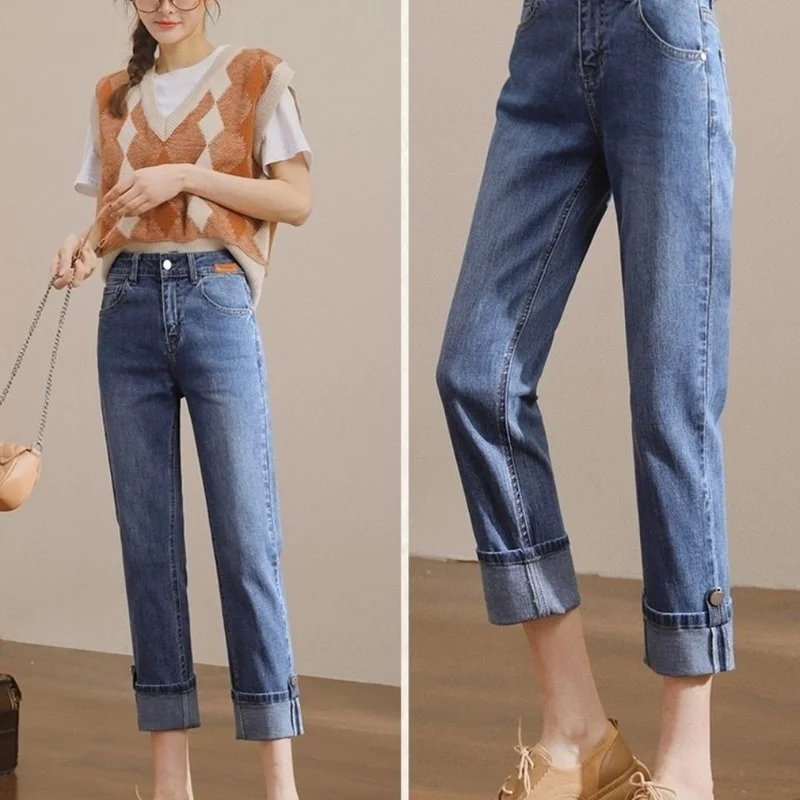 Rolled Jeans Women's Straight Loose 2022 New Spring and Summer Thin Nine-point Pants High Waist Cigarette Pants Women