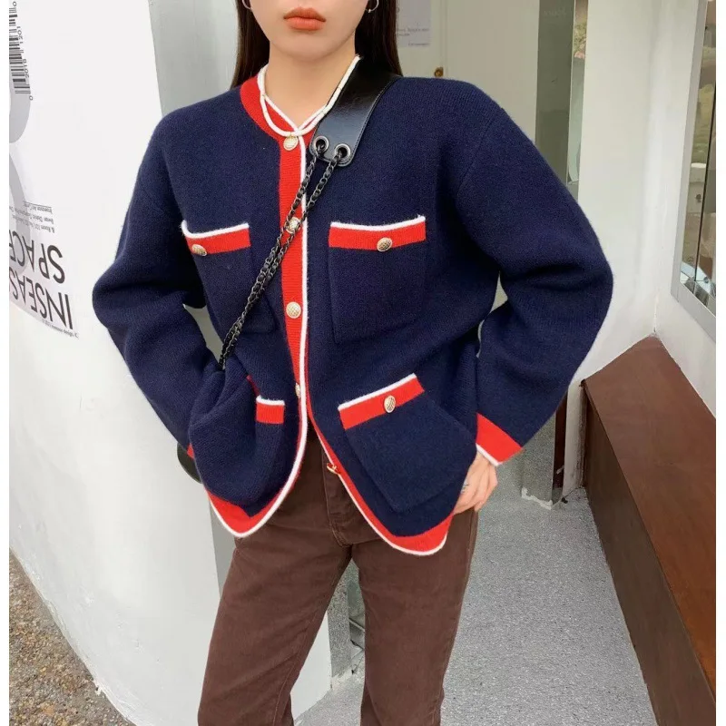 

Spring Autumn Women Top Loose Contrast Color Pocket Classic Style Knitted Cardigan Sweater Coat for Women Casaco Feminino