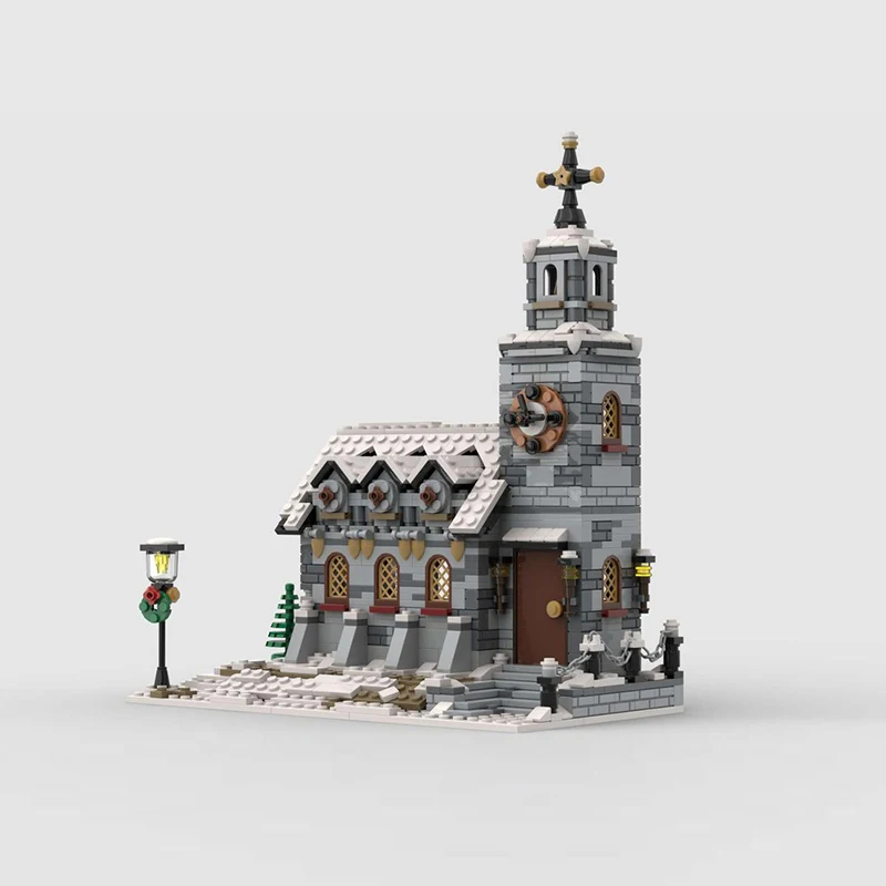 Фото Модель City Street View MOC, строительные кирпичи, маленькая зимняя церковь, модульные технологии, подарки, праздник, сборка, детские игрушки, костюм №5