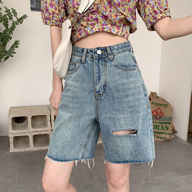 

Ripped Denim Five-point Pants Women's Trendy Ins High Waist A-line Wide-leg Shorts 2022 Summer Breeches Loose Straight Pants