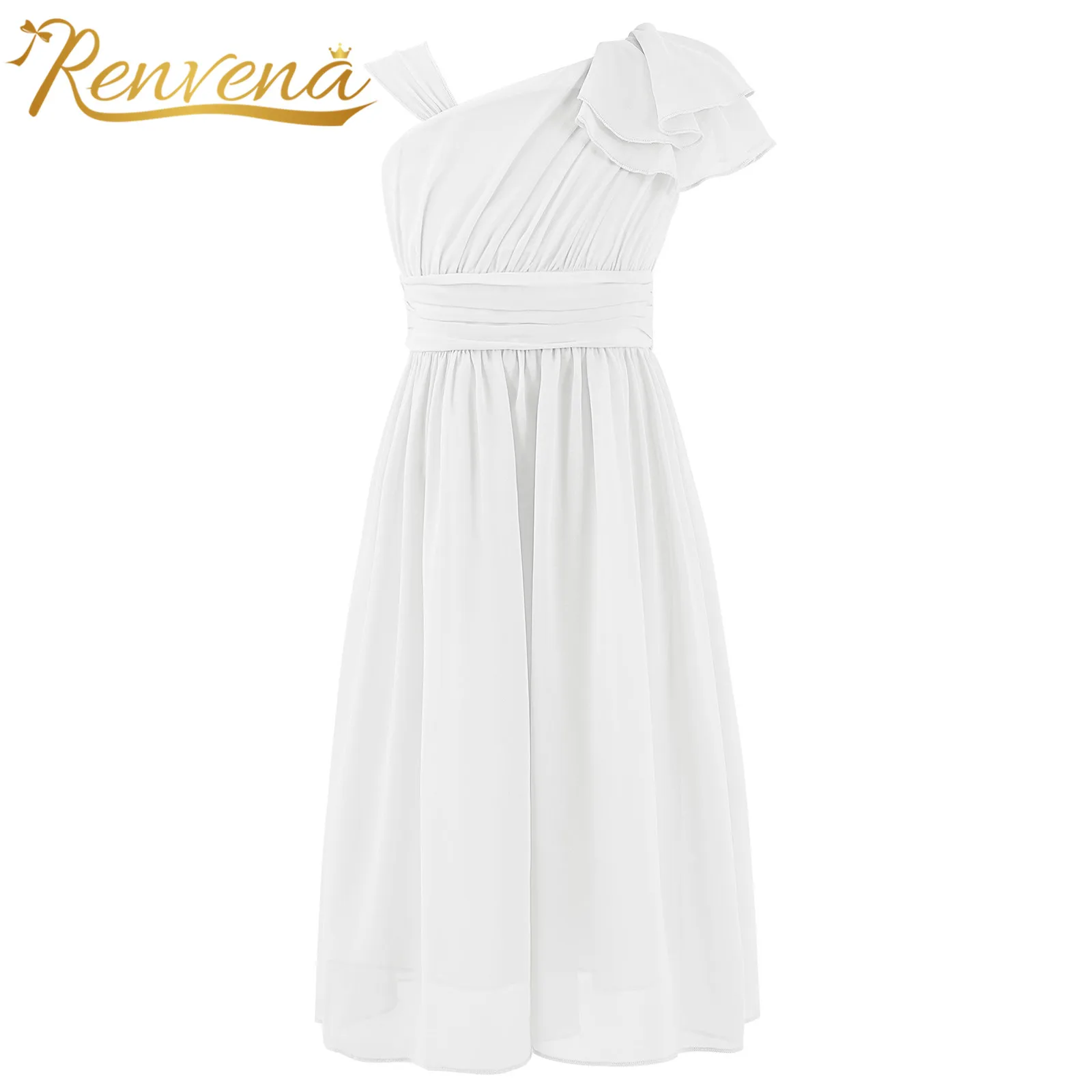 

White Flower Girls Wedding Dress Children Ruffled One Shoulder Chiffon Dresses For Girl Princess Birthday Party Dress 4-14Y