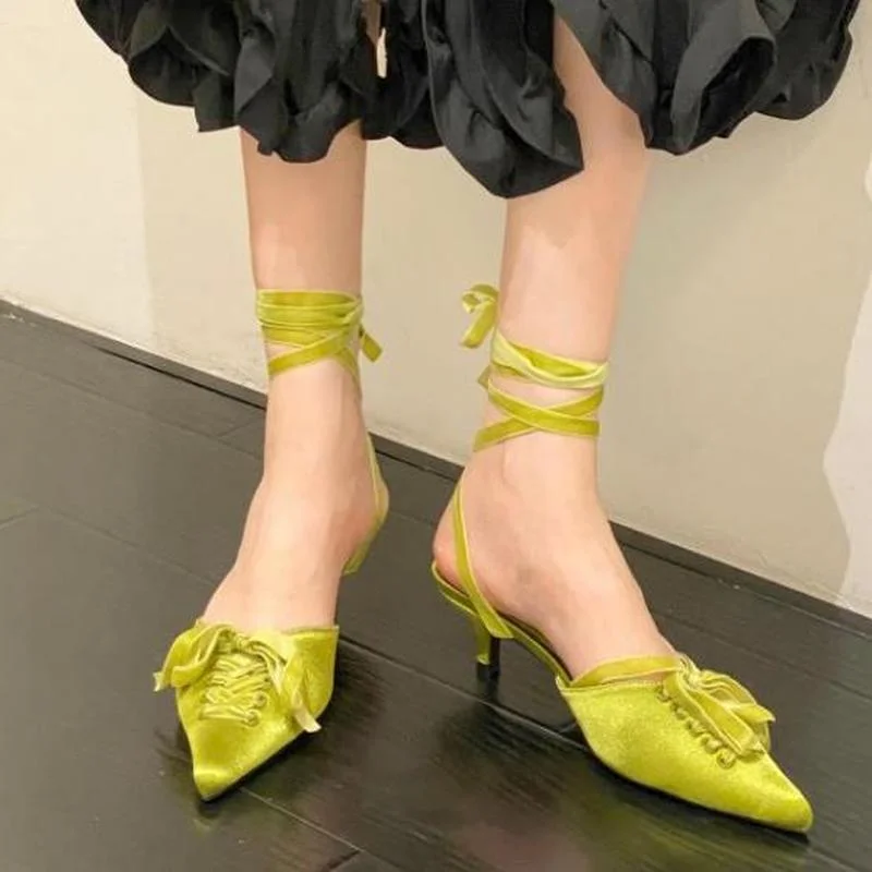 

New Heeled Sandals Shallow Mouth Comfort Shoes Lace-up High Heel Baotoe Temperament Women's Bowknot Stiletto Pointed Toe Shoes