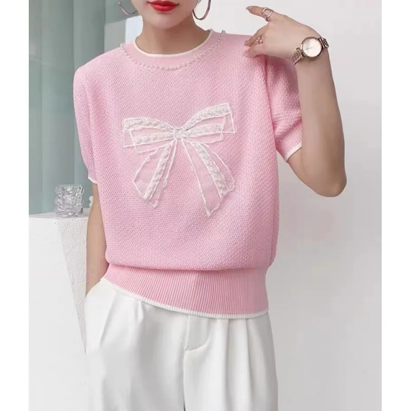 

Fashion O-Neck Spliced All-match Bow Beading Blouse Female Clothing 2023 Summer New Casual Pullovers Tops Loose Commute Shirt
