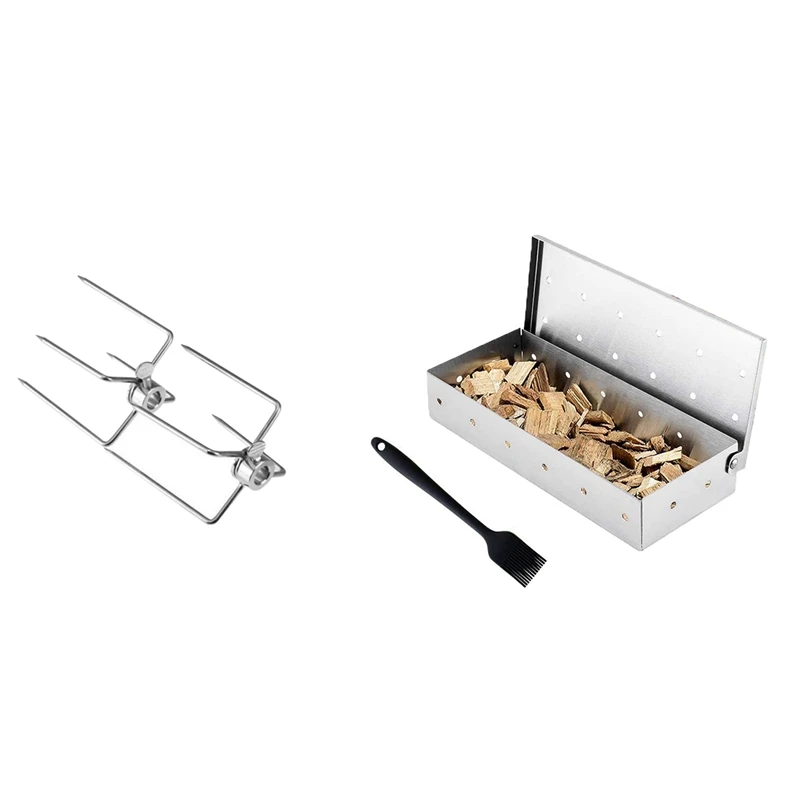 2Pcs BBQ Rotisserie Meat Forks With Large Smoker Box For BBQ Charcoal & Gas Grill Box 1