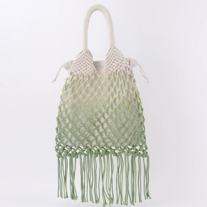 Green Hollow Out One Shoulder Woven Bag Women's Fashion Straw Woven Bag Handmade Cotton Rope Mesh Bag Beach Bag Shopping Bag