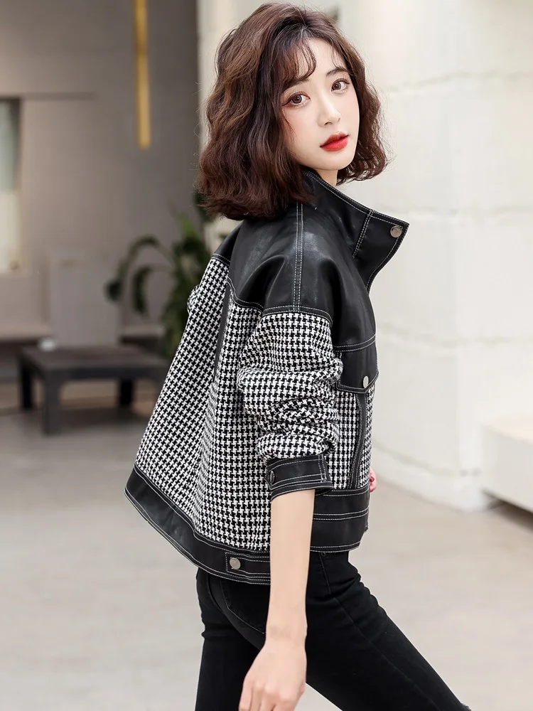 PU Faux Leather Splicing Jacket Women Spring Autumn 2022 New Loose Casual Plaid Biker Jacket Female Outerwear Short Leather Coat