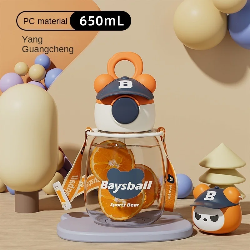 

New Cute Cap Bear Water Bottle Cartoon Plastic Cup With Straw Lovely Children Student Big Belly Kettle Sports Portable Drinkware