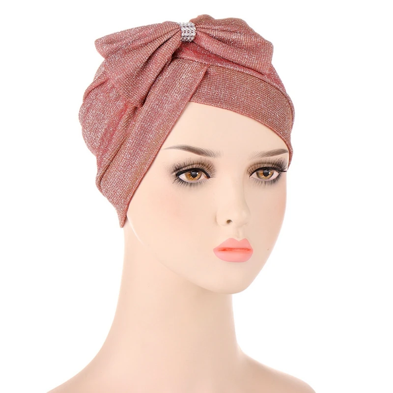 

Soild Color Women's Turban Hat Bright Bow Decor Muslim Hijabs Bottoming Hat Ethnic Headwear