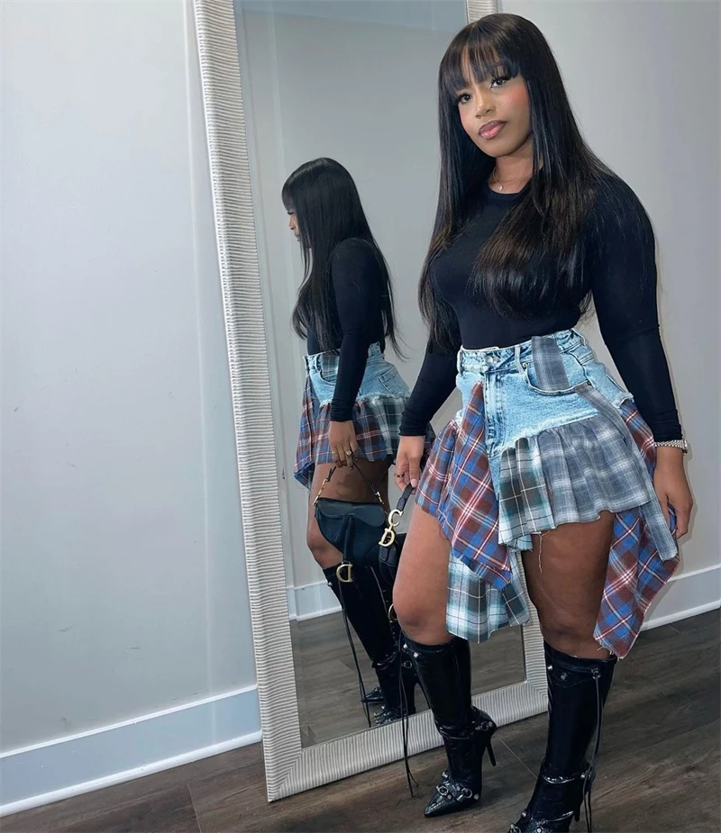 Plaid Patchwork Ruffles Jeans Skirts Shorts Women Summer High Waist Button Fly Pockets Fashion Casual Culotte Streetwear