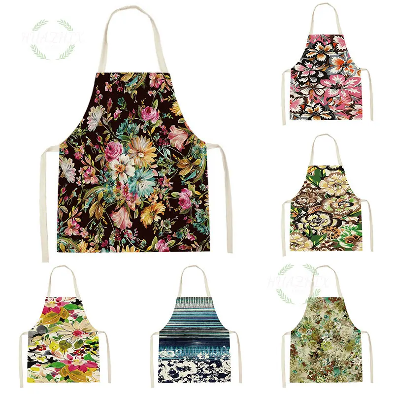 

Retro Flower Pattern Linen Aprons Kitchen Sleeveless Household Cleaning Apron Chef Cooking Antifouling Bibs Waist Accessories
