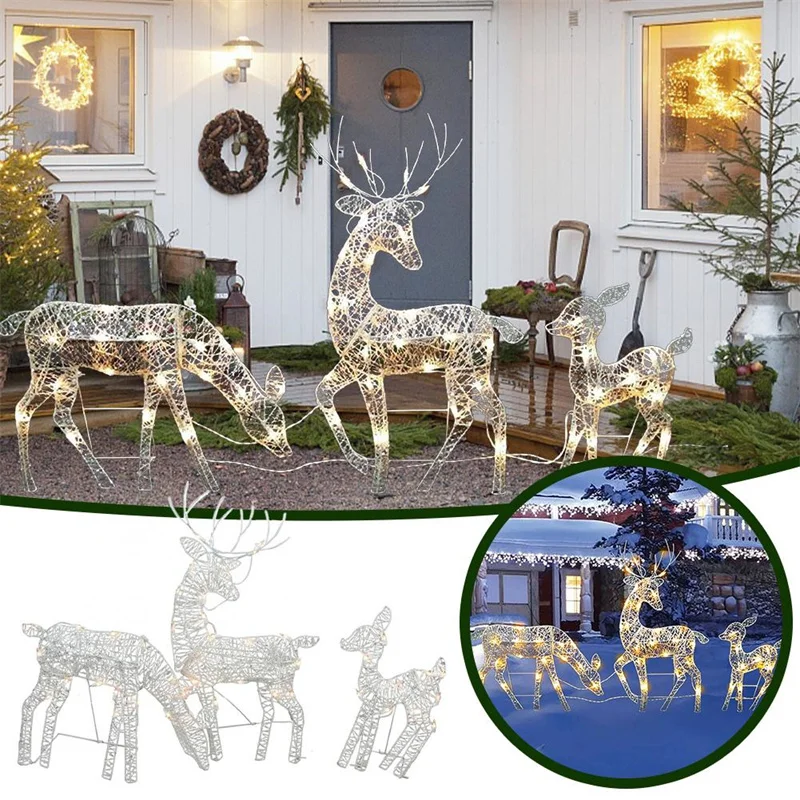 

3pcs/Set Iron Art Elk Deer Christmas Garden Decoration With LED Light Glowing Glitter Reindeer Xmas Home Outdoor Yard Decor