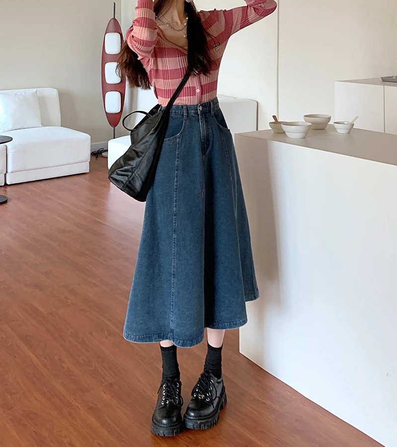 

Stitching Denim Skirt Korean2022 New High Waist Skirt Women's Dark Blue Autumn Winter Denim Jeans Skirts Women Clothing