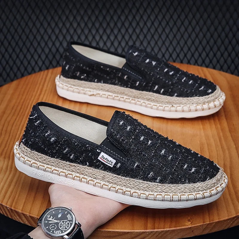 

2022 new men's canvas shoes woven wild nostalgic fisherman shoes flat slip-on casual men's shoes driving shoes