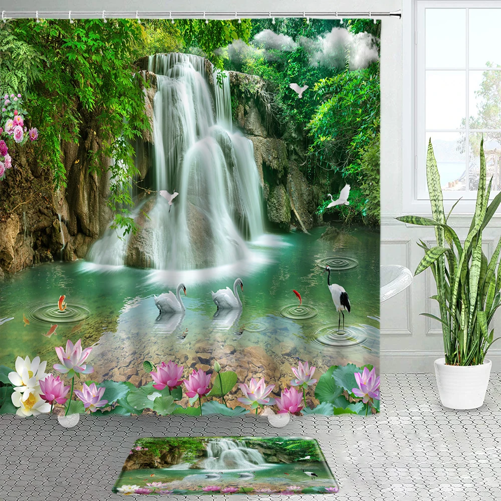 

Forest Waterfall Shower Curtain Bath Mats Set Lake Swan Koi Pink Lotus Nature Chinese Style Bathroom Decor Door Mat Non-Slip Rug