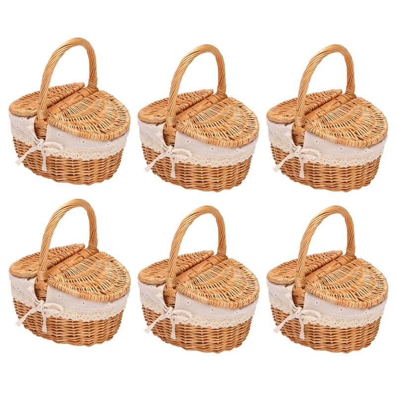 

6X Handmade Wicker Basket With Handle, Wicker Camping Picnic Basket With Double Lids, Shopping Storage Hamper Basket